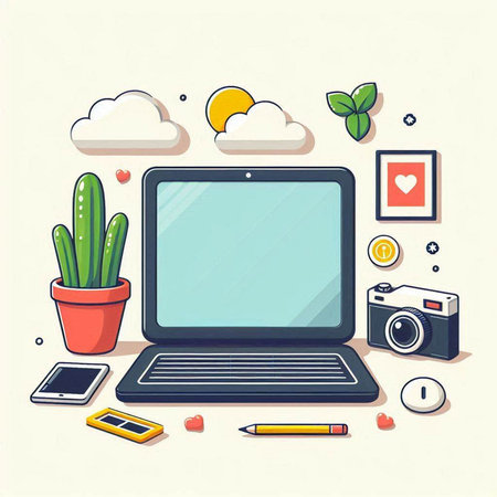 Laptop and office supplies. Vector illustration in flat design style.のイラスト素材