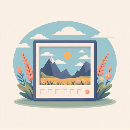 Illustration of photo frame in retro style with mountains and flowers.のイラスト素材
