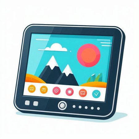 Vector illustration of a modern digital tablet with the image of mountains and sunのイラスト素材