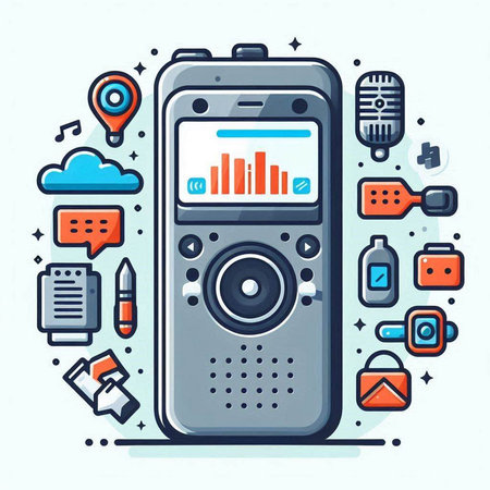 Vector line art illustration of music player with icons on colorful background.のイラスト素材