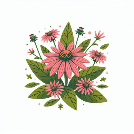 Hand drawn vector illustration of echinacea flowers and leaves isolated on white background.のイラスト素材