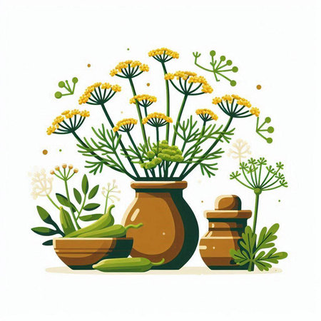 Herbs and spices in clay pots. Hand drawn vector illustration.のイラスト素材