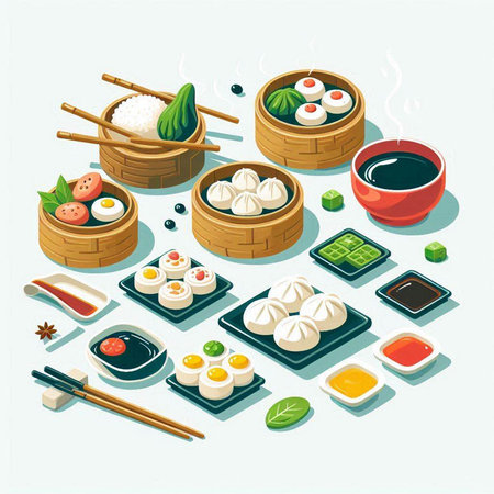 Illustration of Asian food set in isometric 3d style.のイラスト素材