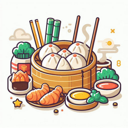 Steamed dumplings in bamboo steamer. Vector illustration.のイラスト素材