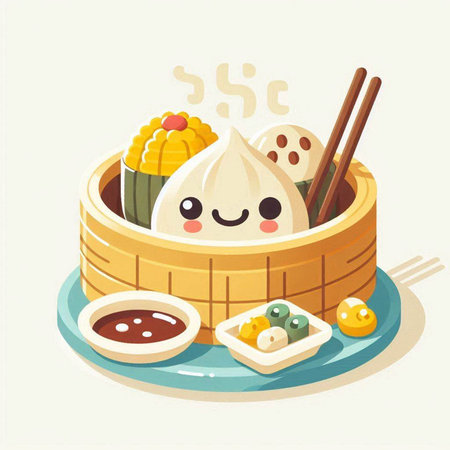 Illustration of dim sum in bamboo basket with chopsticks and sauceのイラスト素材