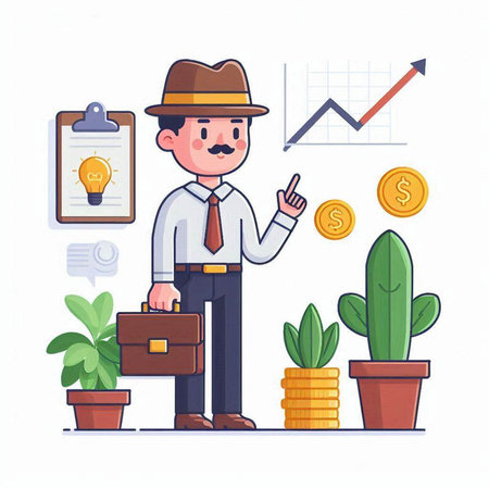Businessman with briefcase and coins. Flat style vector illustration.のイラスト素材