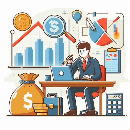 Vector illustration of a businessman sitting at his desk in front of a laptop and thinking about money.のイラスト素材
