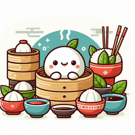 Illustration of Chinese Dimsum with Sushi and Chopsticksのイラスト素材