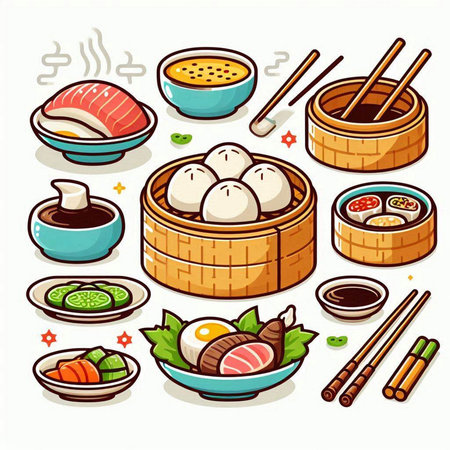Illustration of chinese food set. Vector illustration of chinese cuisine.のイラスト素材