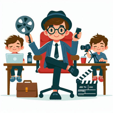 Cinema director and children. Vector illustration in cartoon style.のイラスト素材