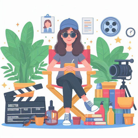 Young woman sitting on a chair with a movie clapperboard in her hands. Vector illustrationのイラスト素材