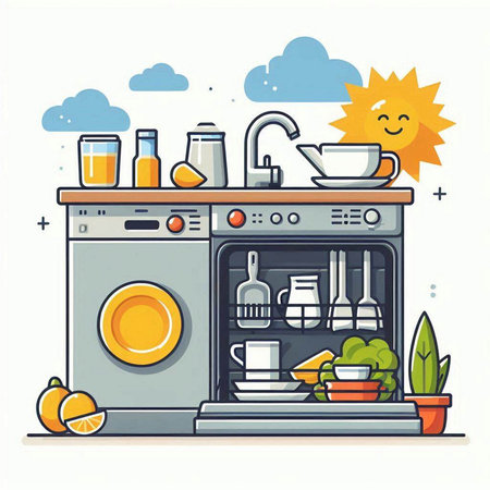 Dishwasher. Kitchen equipment. Vector illustration in cartoon style.のイラスト素材