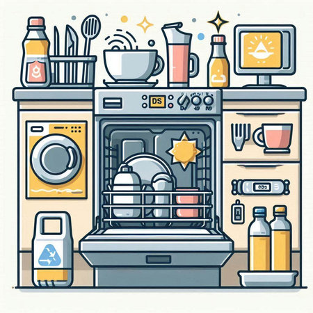 Household appliances in the kitchen. Vector illustration in line style.のイラスト素材