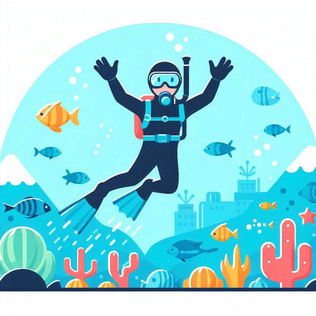 Scuba diving vector illustration. Scuba diver with mask, flippers and fins in the sea.のイラスト素材