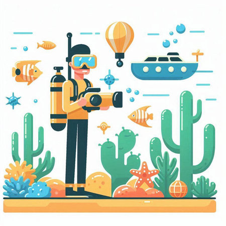 Underwater diving flat vector illustration. Cartoon man in diving mask with camera on the background of cactuses, fish and ship.のイラスト素材