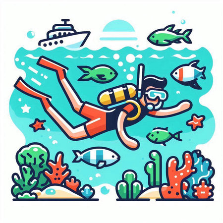 Scuba diving in the sea. Vector illustration in a flat styleのイラスト素材