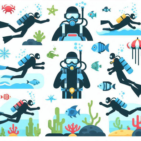 Set of scuba diving icons. Vector illustration in flat style.のイラスト素材