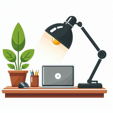 Laptop, lamp and plant on the table. Vector illustration.のイラスト素材