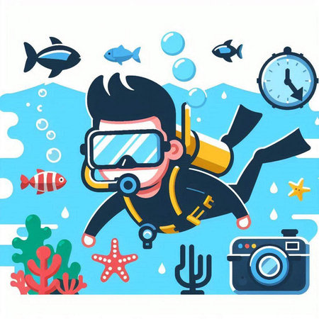 Scuba diver and underwater world. Vector illustration in flat style.のイラスト素材
