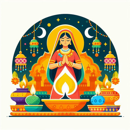 Happy Diwali festival of lights celebration. Vector flat illustration.のイラスト素材