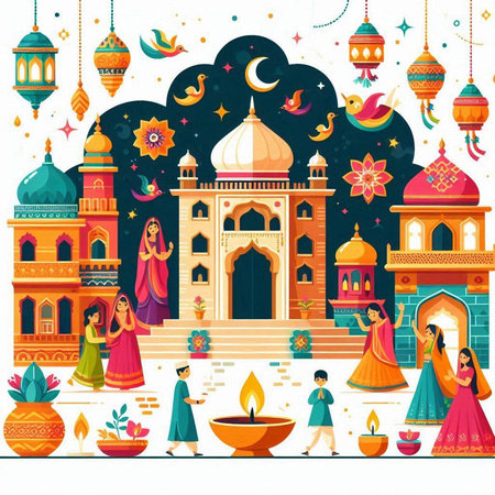 Vector illustration of Happy Diwali greeting card. Colorful flat design.のイラスト素材