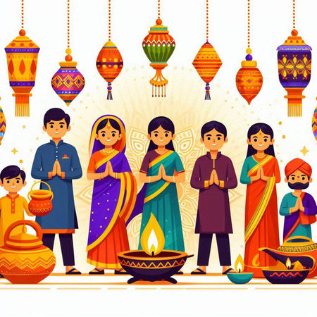 Happy Diwali festival of India greeting card with indian people and lamps vector illustrationのイラスト素材