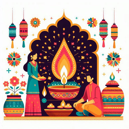 Vector illustration of Happy Diwali greeting card with diya, flowers and lamps.のイラスト素材