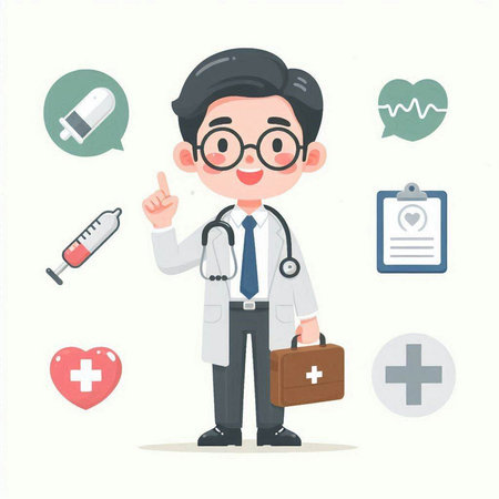 Doctor with stethoscope and medical icons. Vector illustration in cartoon style.のイラスト素材