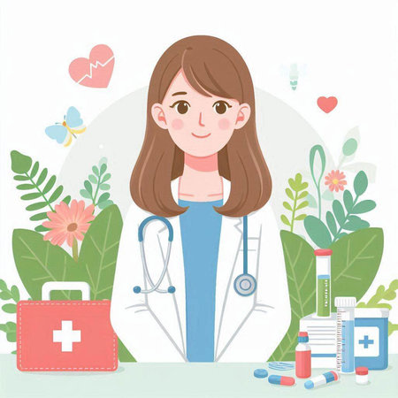 Young female doctor with a stethoscope in her hand. Vector illustration.のイラスト素材