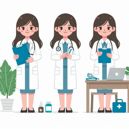 Female doctor and nurse with stethoscope and clipboard. Vector illustration.のイラスト素材