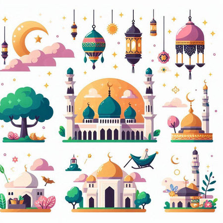 Eid Mubarak islamic celebration flat icons set with mosque and lanterns isolated vector illustrationのイラスト素材