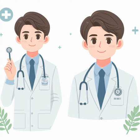 Male doctor and nurse with stethoscope. Vector illustration in flat style.のイラスト素材
