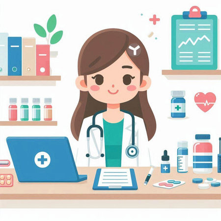 Female doctor working at her desk with a laptop. Vector illustration.のイラスト素材