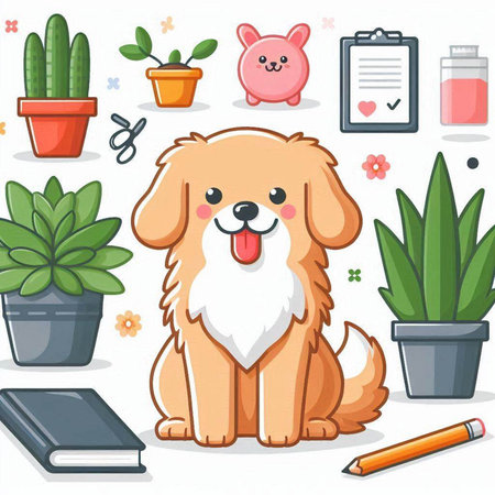 Cute cartoon dog with a book and plants. Vector illustration.のイラスト素材
