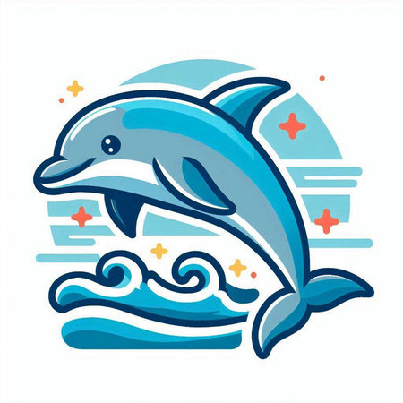 Dolphin and waves on a white background. Vector illustration in flat style.のイラスト素材