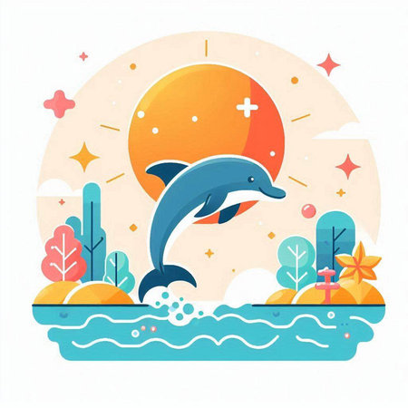 Dolphin jumping on the sea. Vector illustration in flat style.のイラスト素材