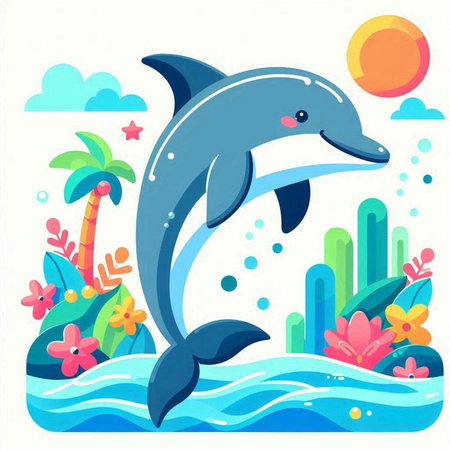 Cute dolphin in the sea. Vector illustration in cartoon style.のイラスト素材