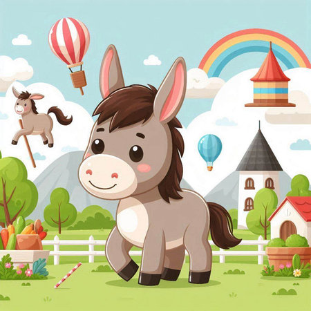 Donkey with hot air balloon in the field illustration. Cute cartoon character.のイラスト素材