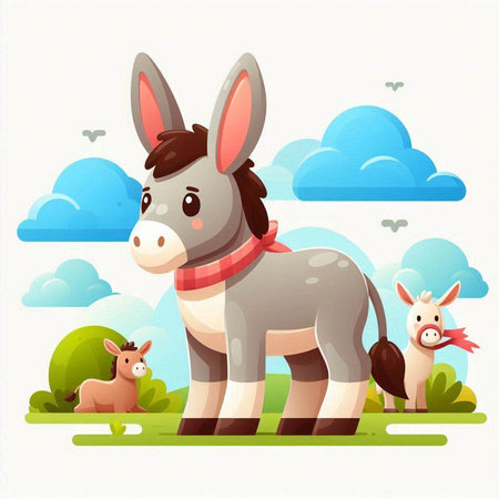 Donkey vector illustration. Funny cartoon donkey with cute baby animal.のイラスト素材