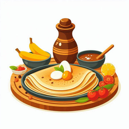 Illustration of crepes with ingredients for cooking. Vector illustration.のイラスト素材