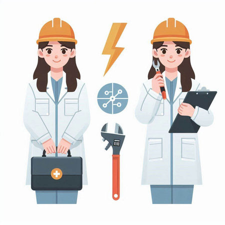Female construction worker in a white coat and helmet with tools. Vector illustration.のイラスト素材