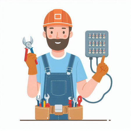 Electrician with tools. Vector illustration in cartoon style isolated on white background.のイラスト素材