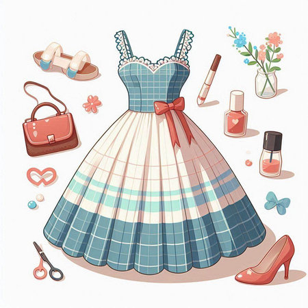 Illustration of a woman's dress and accessories. Vector illustration.のイラスト素材