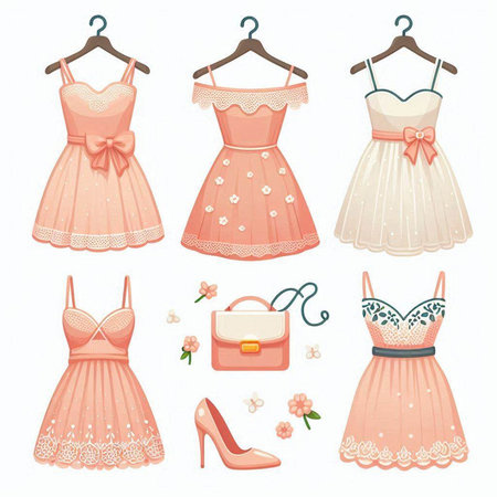 Set of women's dresses and accessories isolated on white background. Vector illustration.のイラスト素材