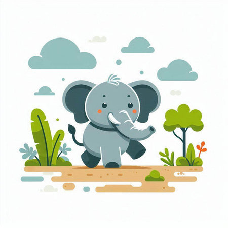 Cute cartoon elephant in the jungle. Hand drawn vector illustration.のイラスト素材