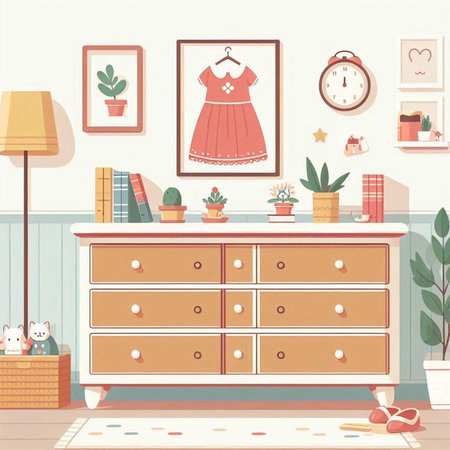 Interior of children room with chest of drawers. Vector illustrationのイラスト素材