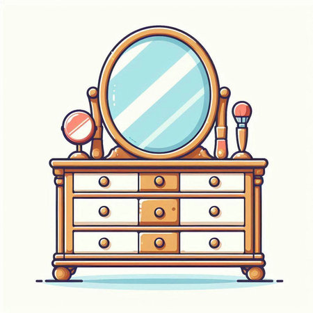 Hand drawn vector illustration of dressing table with mirror. Isolated objects on white background.のイラスト素材