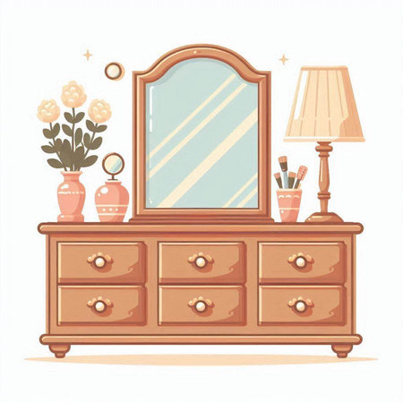 Vector illustration of a chest of drawers with a mirror and a vase of flowersのイラスト素材