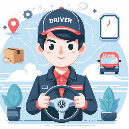 Delivery man in uniform holding steering wheel. Flat style vector illustration.のイラスト素材