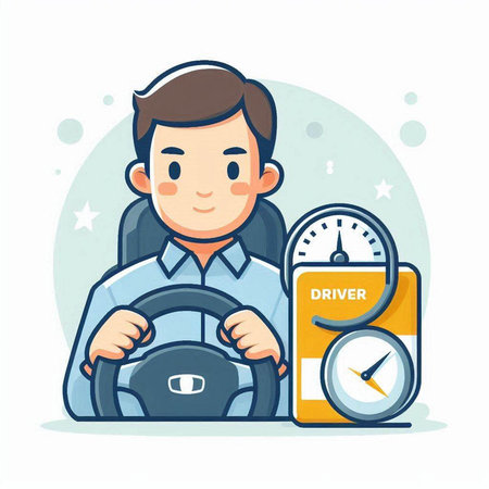 Car driver with steering wheel and alarm clock. Vector illustration in cartoon style.のイラスト素材